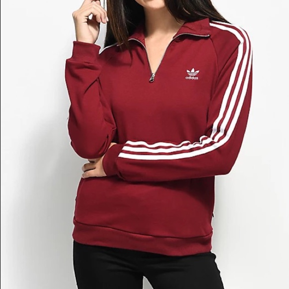 Adidas 3 Stripe Burgundy Partial Zip Sweater